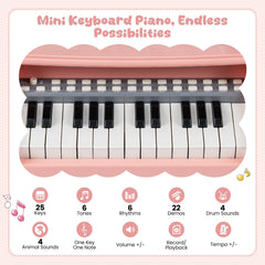 Mini Keyboard Piano for Kids 25 Keys Electric Piano with Stool for Toddlers 3+ Years Old-Pink
