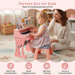 Mini Keyboard Piano for Kids 25 Keys Electric Piano with Stool for Toddlers 3+ Years Old-Pink