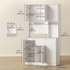 71" Pantry Cabinet with Charging Station, Kitchen Storage Cabinet with Microwave Stand, Pegboard, 6 S-hooks, Black