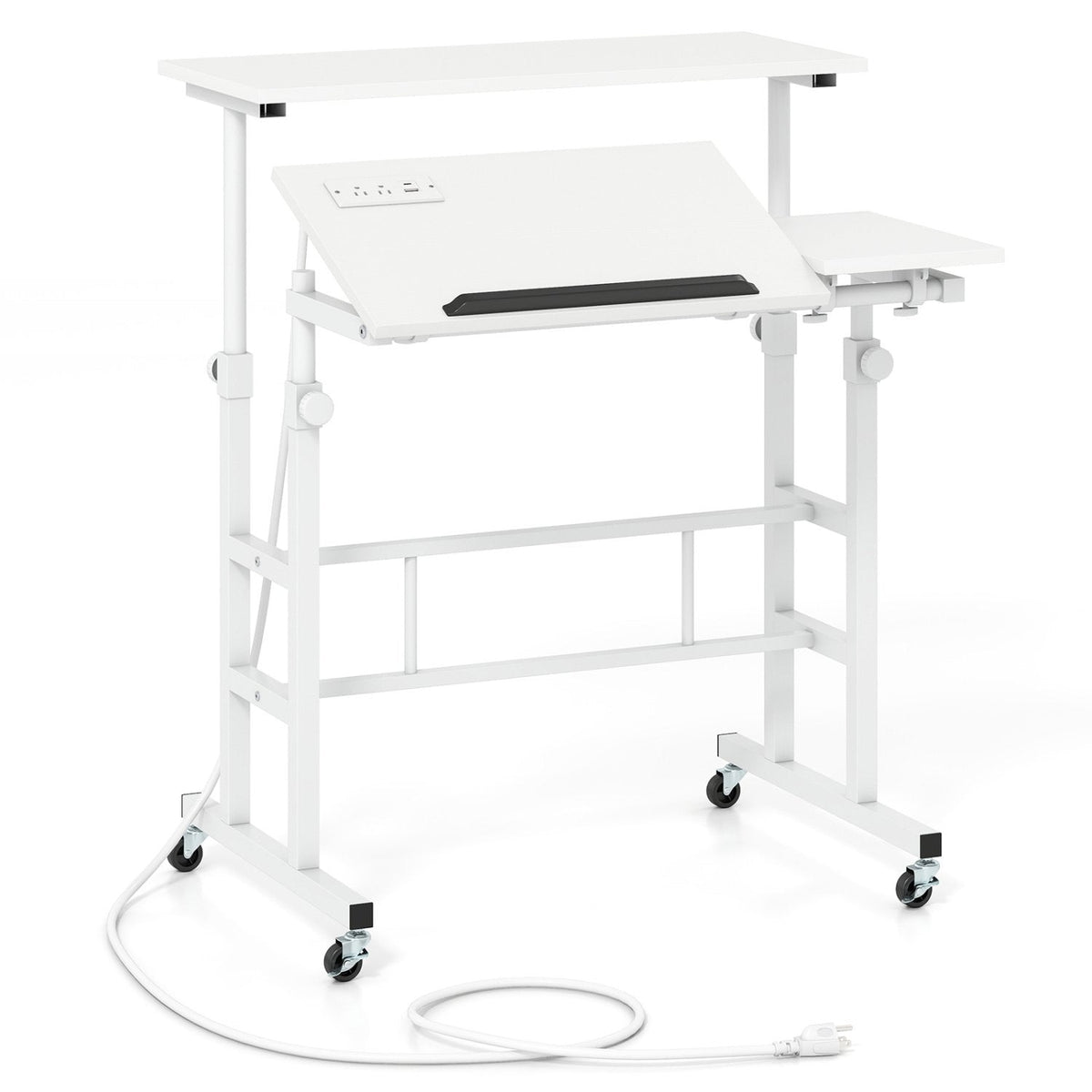 Mobile Stand-up Computer Desk Adjustable with 2 Tilting Desktops-White