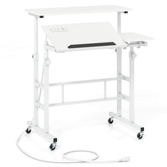 Mobile Stand-up Computer Desk Adjustable with 2 Tilting Desktops-White