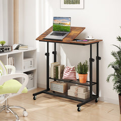 Mobile Stand up Desk Height Adjustable Standing Table with Tilting Tabletop-Rustic Brown