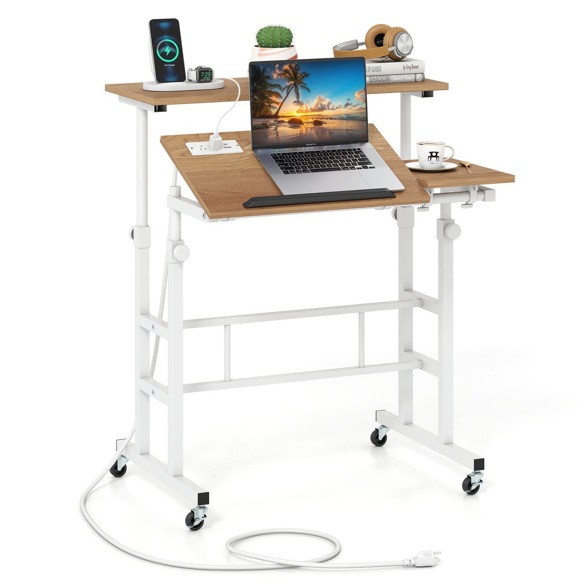 Mobile Standing up Desk Adjustable Computer Desk Tilting Workstation-Natural