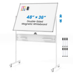 Mobile Whiteboard Adjustable Double-Sided Magnetic Board with Pegboard-White