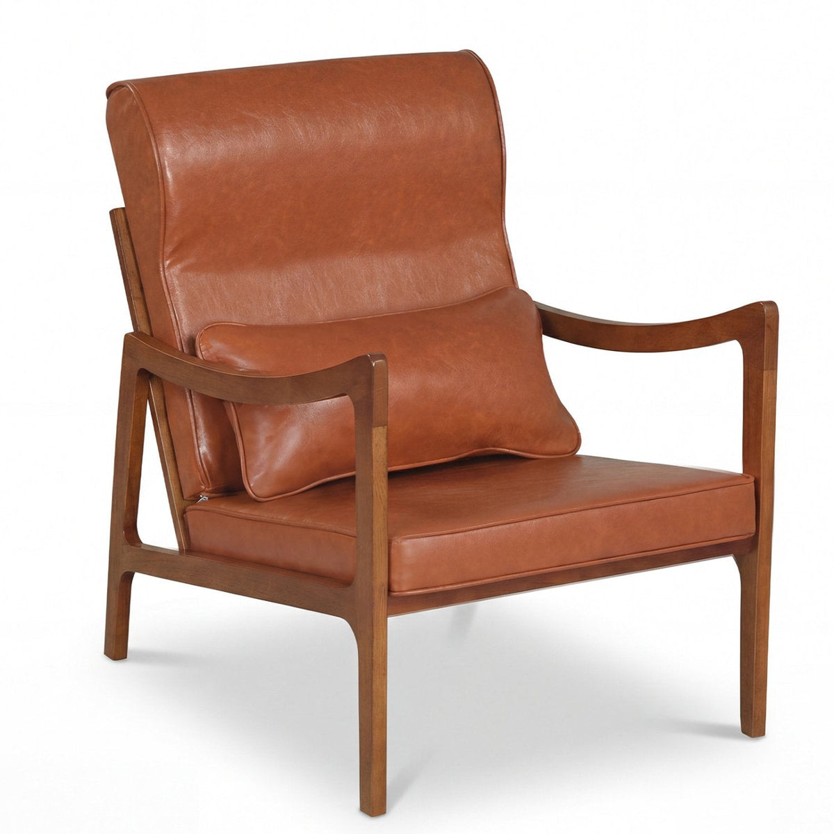 Modern Accent Chair with Solid Rubber Wood Faux Leather Upholstered Armchair-Brown