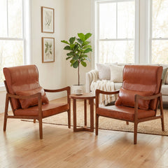 Modern Accent Chair with Solid Rubber Wood Faux Leather Upholstered Armchair-Brown