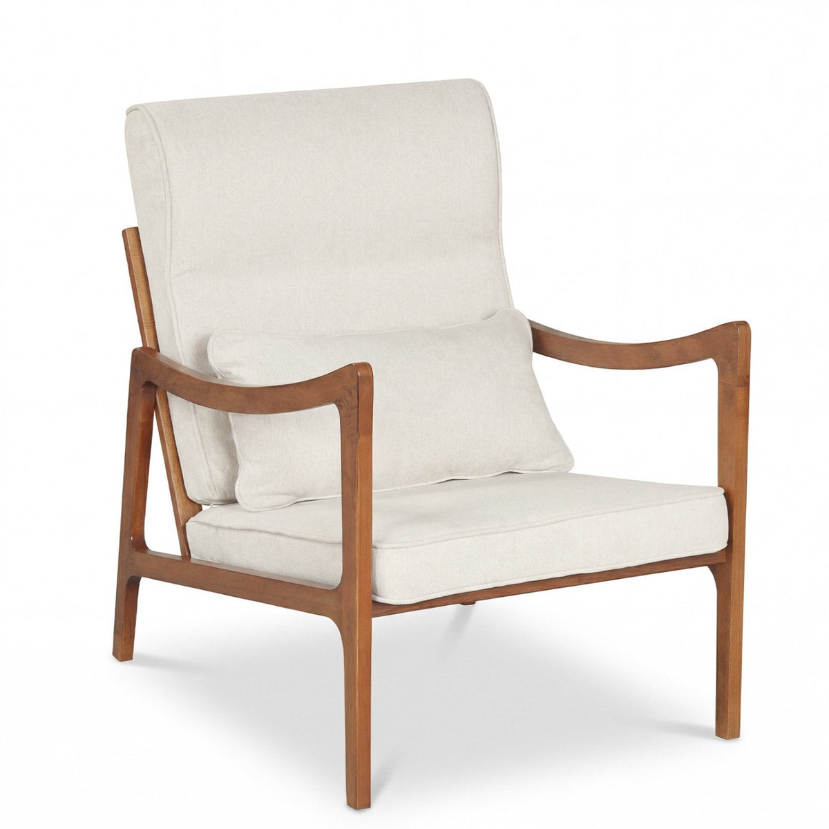 Modern Accent Chair with Solid Rubber Wood Faux Leather Upholstered Armchair-White