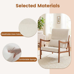 Modern Accent Chair with Solid Rubber Wood Faux Leather Upholstered Armchair-White