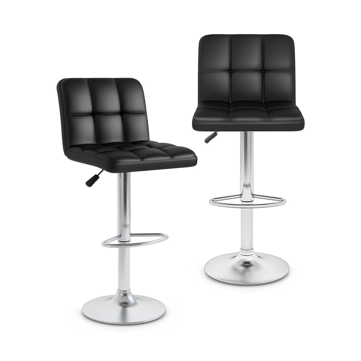 Set of 2 Adjustable Swivel Bar Stools in Black with Quilted Back, 25 to 33.5 Inch Seat