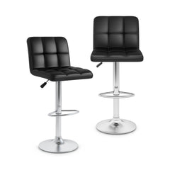Set of 2 Adjustable Swivel Bar Stools in Black with Quilted Back, 25 to 33.5 Inch Seat