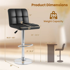 Set of 2 Adjustable Swivel Bar Stools in Black with Quilted Back, 25 to 33.5 Inch Seat