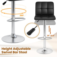Set of 2 Adjustable Swivel Bar Stools in Black with Quilted Back, 25 to 33.5 Inch Seat