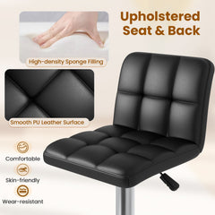 Set of 2 Adjustable Swivel Bar Stools in Black with Quilted Back, 25 to 33.5 Inch Seat