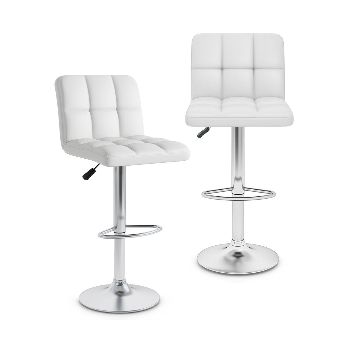 Set of 2 Adjustable Swivel Bar Stools in White with Quilted Back, 25 to 33.5 Inch Seat