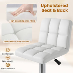 Set of 2 Adjustable Swivel Bar Stools in White with Quilted Back, 25 to 33.5 Inch Seat