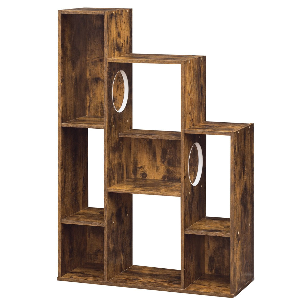Rustic Brown Cat Bookshelf with Eight Sections and Round Cat Holes
