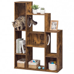 Rustic Brown Cat Bookshelf with Eight Sections and Round Cat Holes