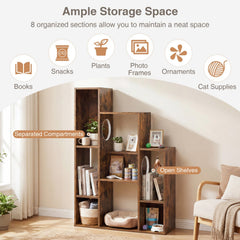 Rustic Brown Cat Bookshelf with Eight Sections and Round Cat Holes