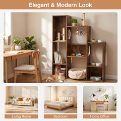 Rustic Brown Cat Bookshelf with Eight Sections and Round Cat Holes