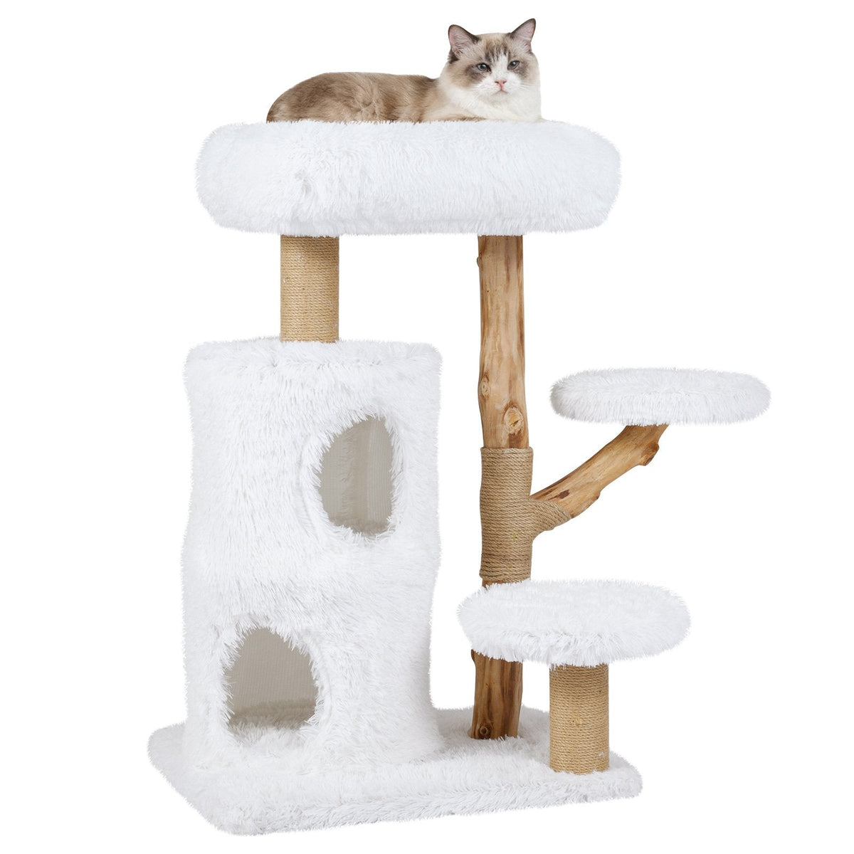 30.5 Inch White Cat Tower with a Two Storey Condo and Pear Wood Posts