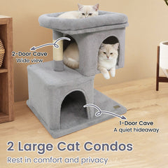 25.5 Inch Grey Cat Tower with Two Caves and an Upholstered Top Perch
