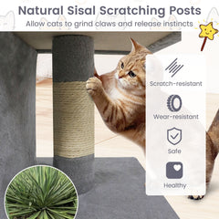 25.5 Inch Grey Cat Tower with Two Caves and an Upholstered Top Perch