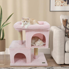 Pink Cat Tower 25.5 Inches with Two Condos and a Rimmed Top Perch