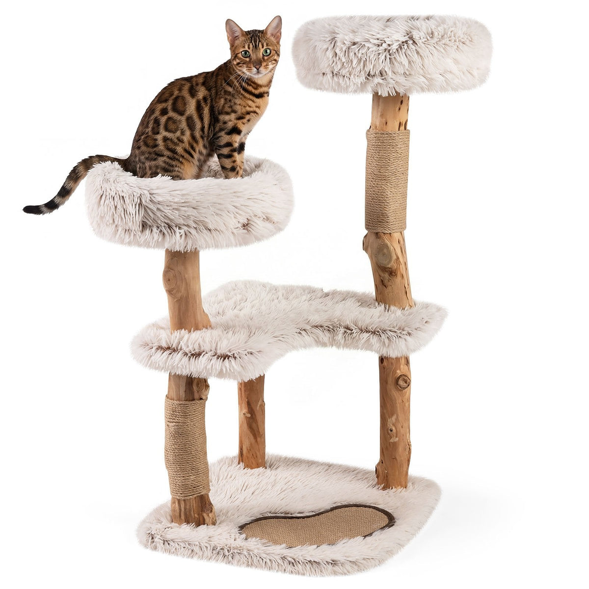 40 Inch Cat Tree on Real Wood Branch Posts with Two Round Plush Beds