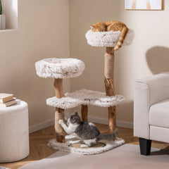 40 Inch Cat Tree on Real Wood Branch Posts with Two Round Plush Beds