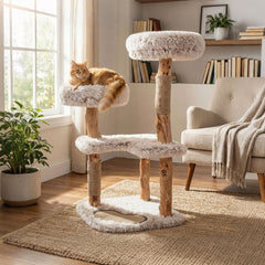 40 Inch Cat Tree on Real Wood Branch Posts with Two Round Plush Beds