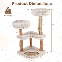 40 Inch Cat Tree on Real Wood Branch Posts with Two Round Plush Beds