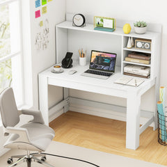 Modern Computer Desk with Hutch and Storage Shelves-White