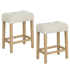 Set of 2 Backless Saddle Counter Stools with Sherpa Seats and Natural Wood Legs, 24 Inch