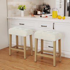 Set of 2 Backless Saddle Counter Stools with Sherpa Seats and Natural Wood Legs, 24 Inch