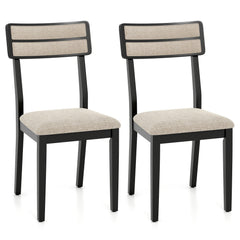 Set of 2 Dining Chairs, Black Rubber Wood with Beige Linen Seat and Two Rail Padded Back