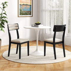 Set of 2 Dining Chairs, Black Rubber Wood with Beige Linen Seat and Two Rail Padded Back