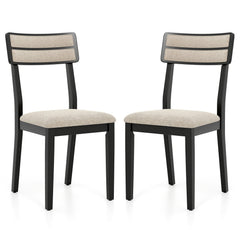 Set of 2 Dining Chairs, Black Rubber Wood with Beige Linen Seat and Two Rail Padded Back