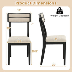 Set of 2 Dining Chairs, Black Rubber Wood with Beige Linen Seat and Two Rail Padded Back