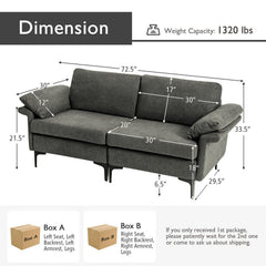 72.5 in Loveseat Sofa in Charcoal Linen with Armrest Pillows, 1320 lb Capacity and Metal Legs