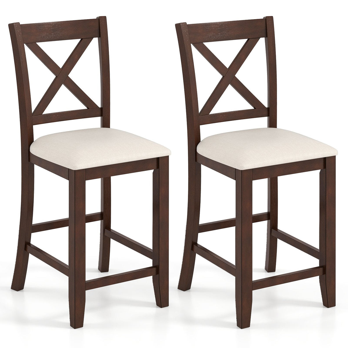 Set of 2 Cross Back Counter Stools in Walnut with Linen Cushions, 24 Inch Seat Height