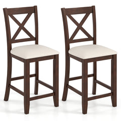 Set of 2 Cross Back Counter Stools in Walnut with Linen Cushions, 24 Inch Seat Height