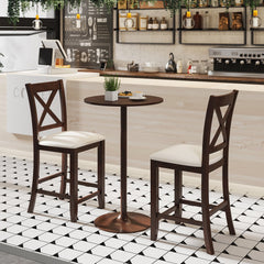 Set of 2 Cross Back Counter Stools in Walnut with Linen Cushions, 24 Inch Seat Height