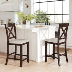 Set of 2 Cross Back Counter Stools in Walnut with Linen Cushions, 24 Inch Seat Height