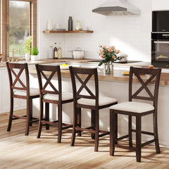 Set of 2 Cross Back Counter Stools in Walnut with Linen Cushions, 24 Inch Seat Height