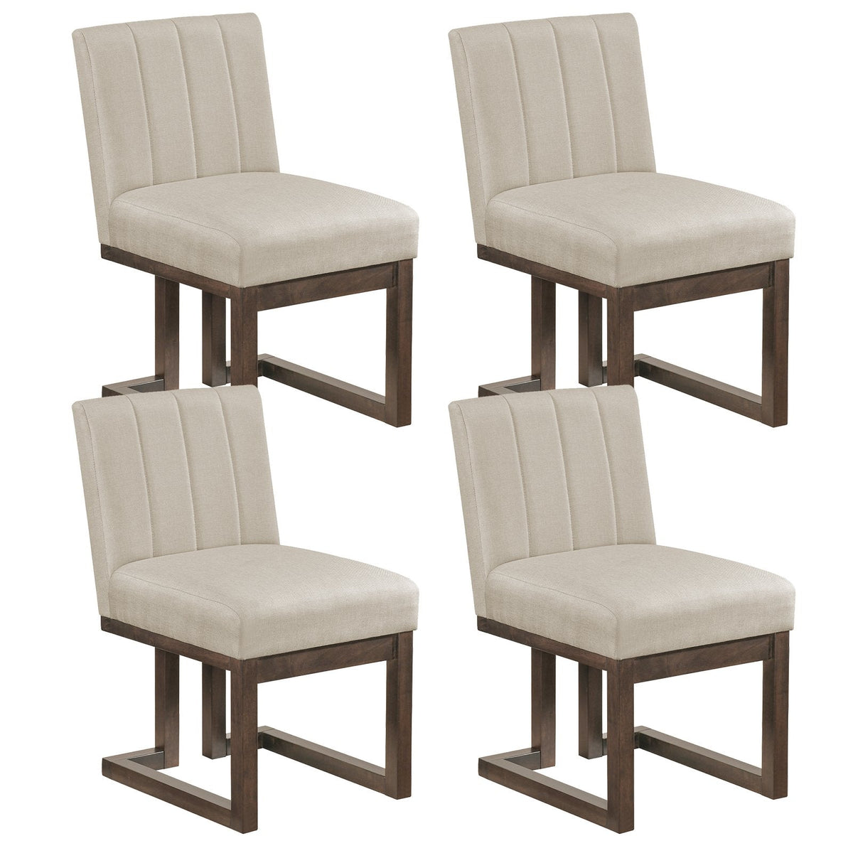 Set of 4 Channel Back Dining Chairs, Beige Fabric with 5.5 Inch Sprung Seats and Walnut Sled Bases