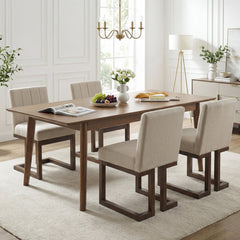 Set of 4 Channel Back Dining Chairs, Beige Fabric with 5.5 Inch Sprung Seats and Walnut Sled Bases