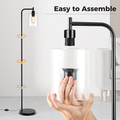 Modern Floor Lamp with Hanging Glass Lampshade and Foot Switch-Black