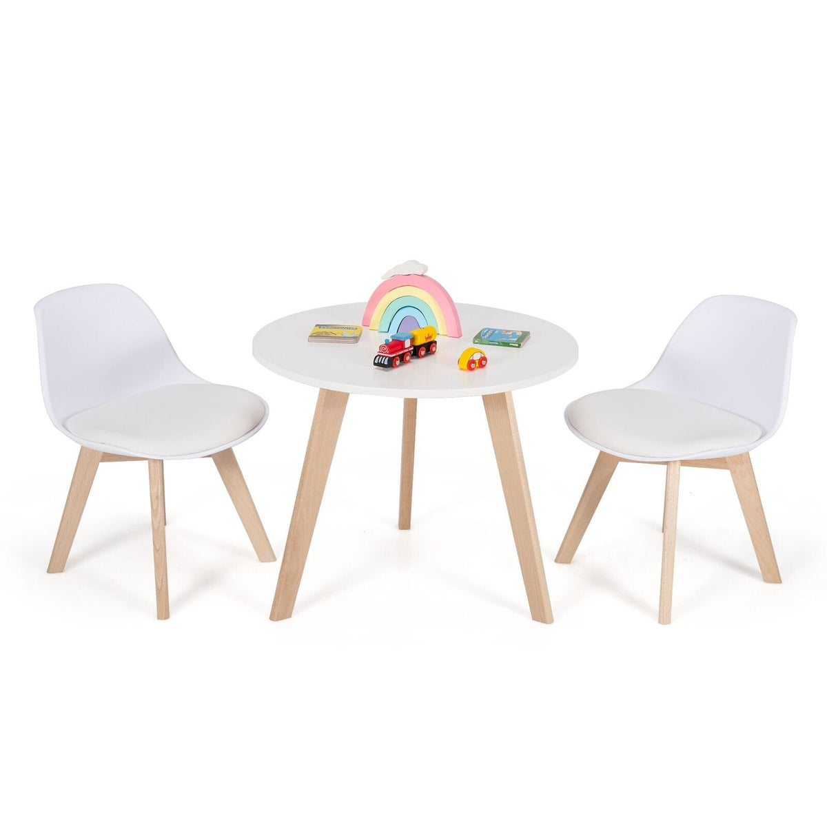 Kids Round Activity Table and 2 Cushioned Chair Set, White with Beech Legs