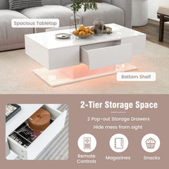 LED Coffee Table with 20 Colour Lights, Remote and 2 Push Open Drawers, White Gloss