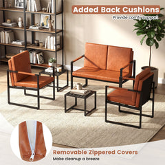 44 in Faux Leather Loveseat on a Black Metal Frame with Zipped Covers, Tan, 400 lb Capacity